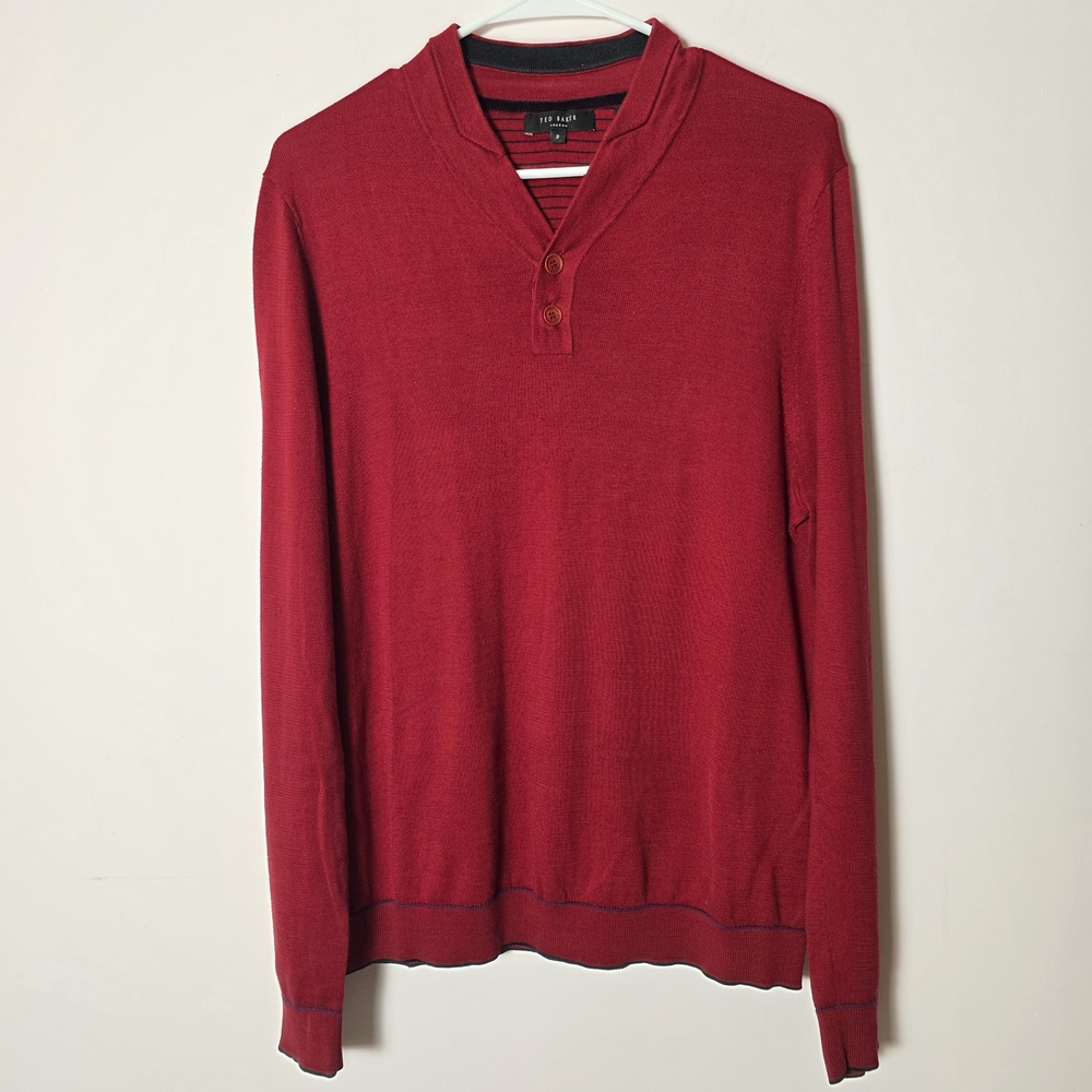 Ted Baker London Red Henley Sweater Mens Medium Size 3 Cotton Lightweight Knit